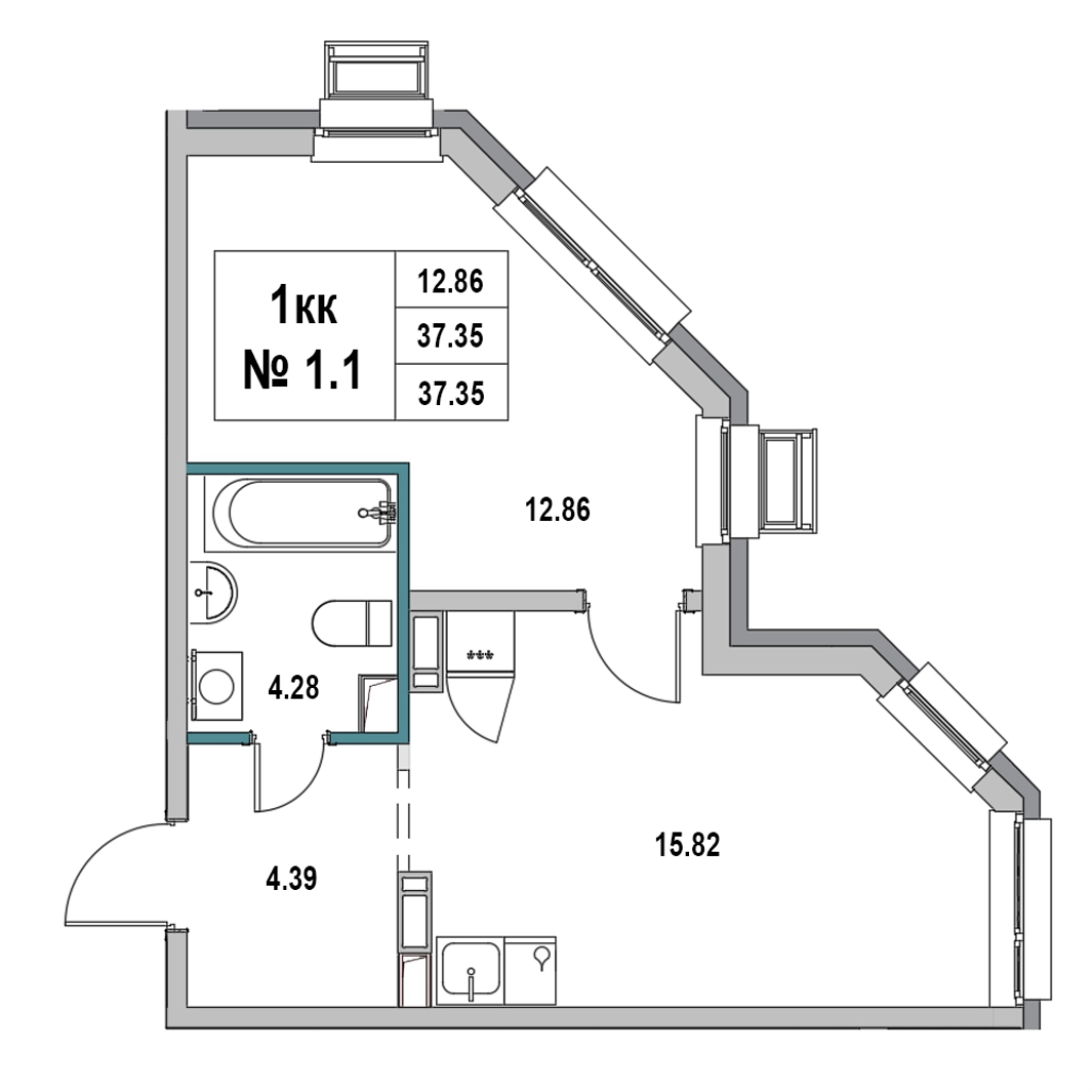 2-комнатная (Евро) квартира, 37.35 м² в ЖК "Новый Город" - планировка, фото №1