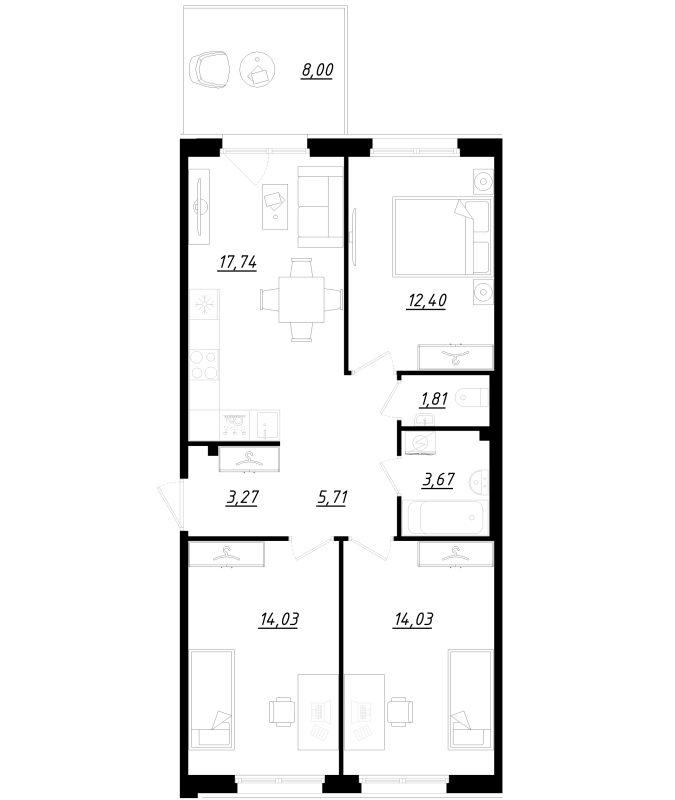4-комнатная (Евро) квартира, 75.1 м² - планировка, фото №1