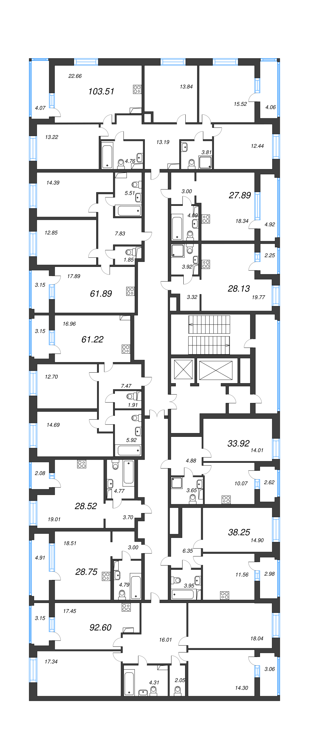 3-комнатная (Евро) квартира, 61.89 м² - планировка этажа