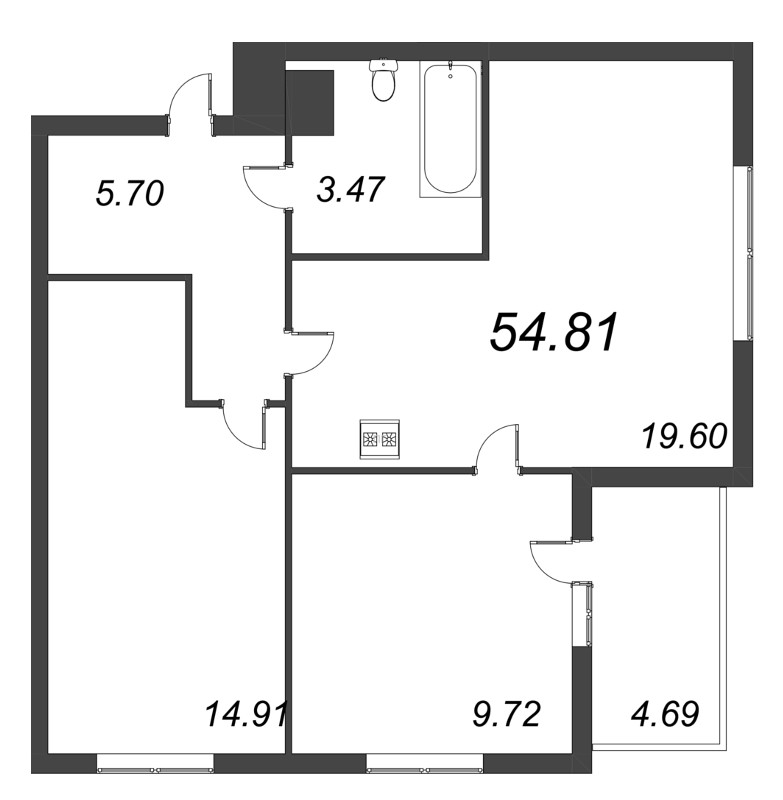 3-комнатная (Евро) квартира, 54.81 м² - планировка, фото №1