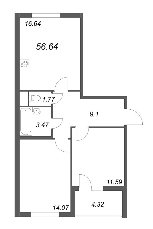 3-комнатная (Евро) квартира, 56.64 м² в ЖК "Любоград" - планировка, фото №1