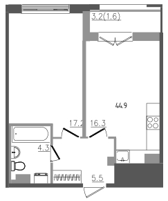 1-комнатная квартира, 44.9 м² в ЖК "Upoint" - планировка, фото №1