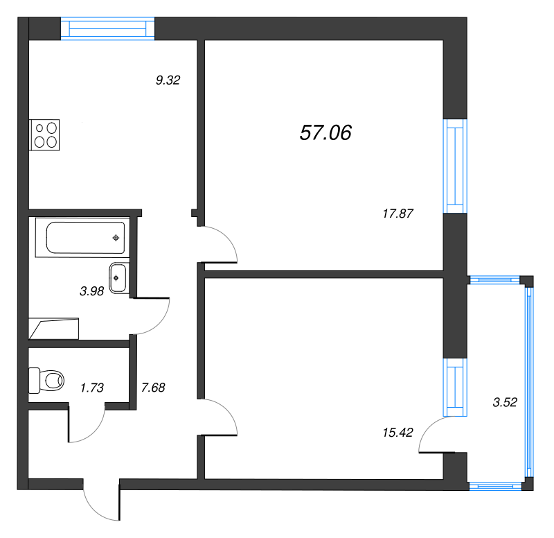 2-комнатная квартира, 57.06 м² - планировка, фото №1