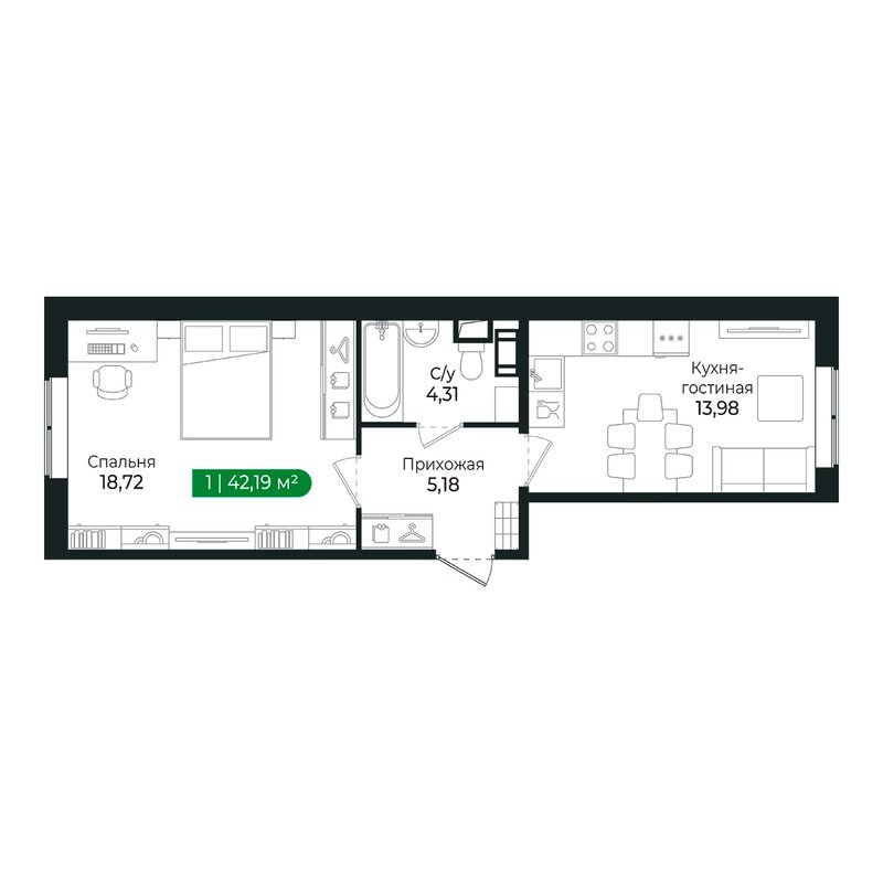 1-комнатная квартира, 41.9 м² в ЖК "Сертолово Парк" - планировка, фото №1