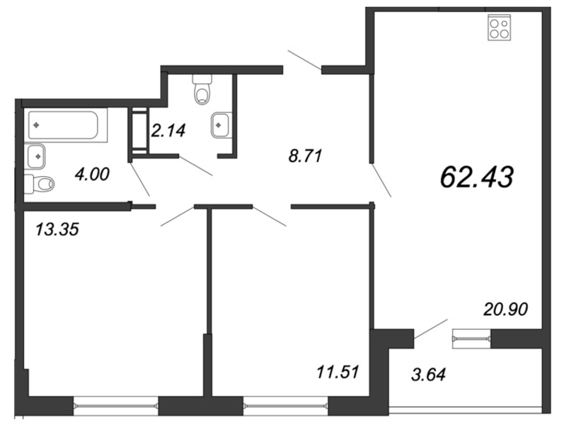 3-комнатная (Евро) квартира, 62.7 м² - планировка, фото №1