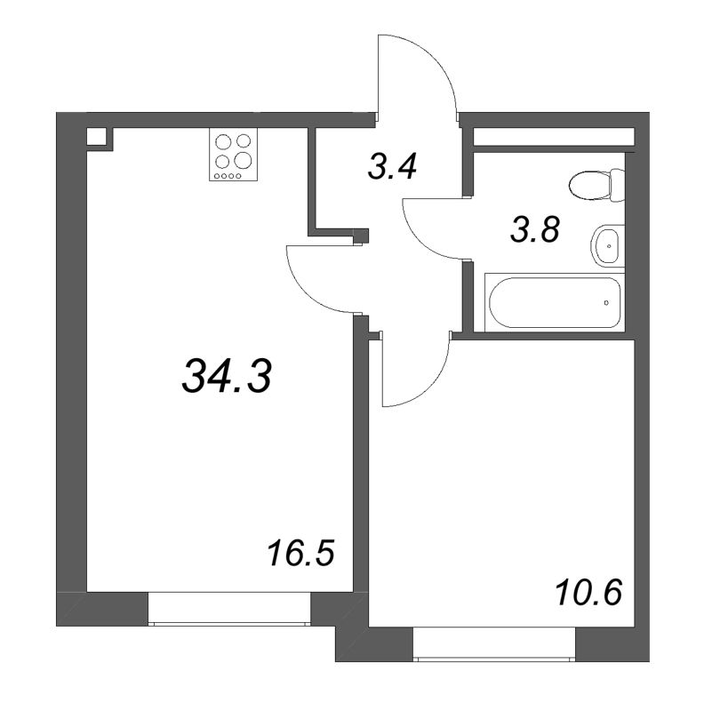 2-комнатная (Евро) квартира, 34.3 м² в ЖК "Пулково Лейк" - планировка, фото №1