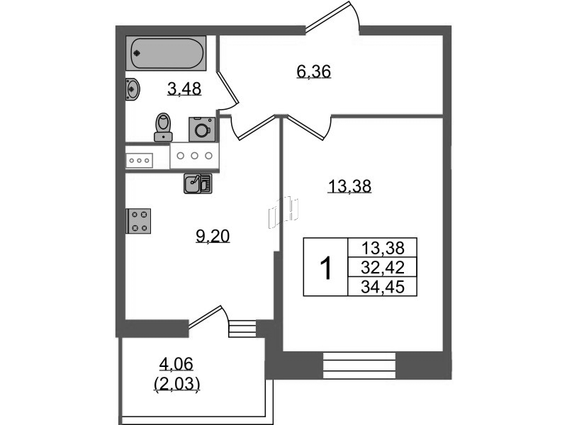 1-комнатная квартира, 34.45 м² - планировка, фото №1