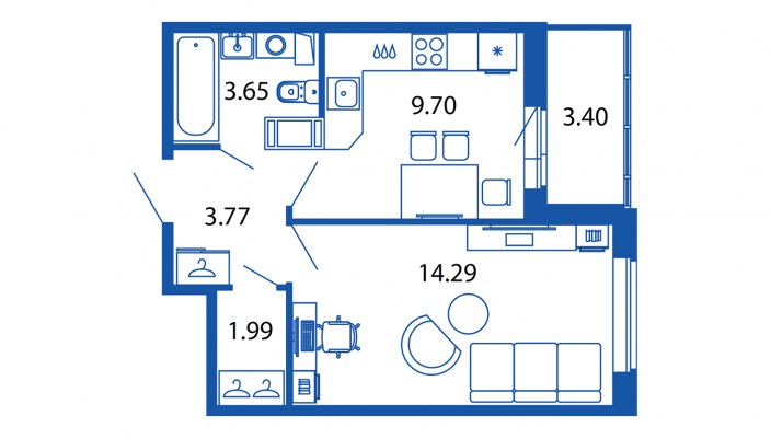 1-комнатная квартира, 33.41 м² - планировка, фото №1