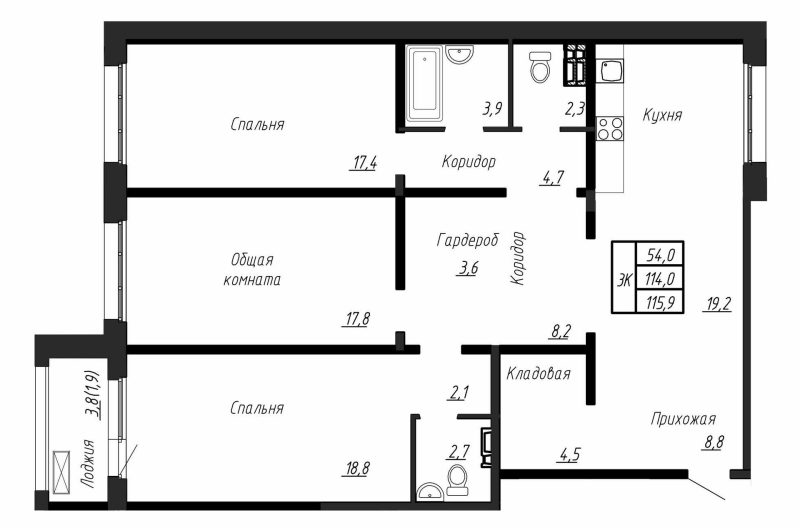 4-комнатная (Евро) квартира, 115.9 м² - планировка, фото №1