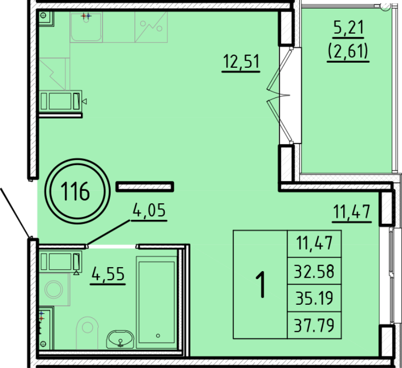 1-комнатная квартира, 32.58 м² - планировка, фото №1