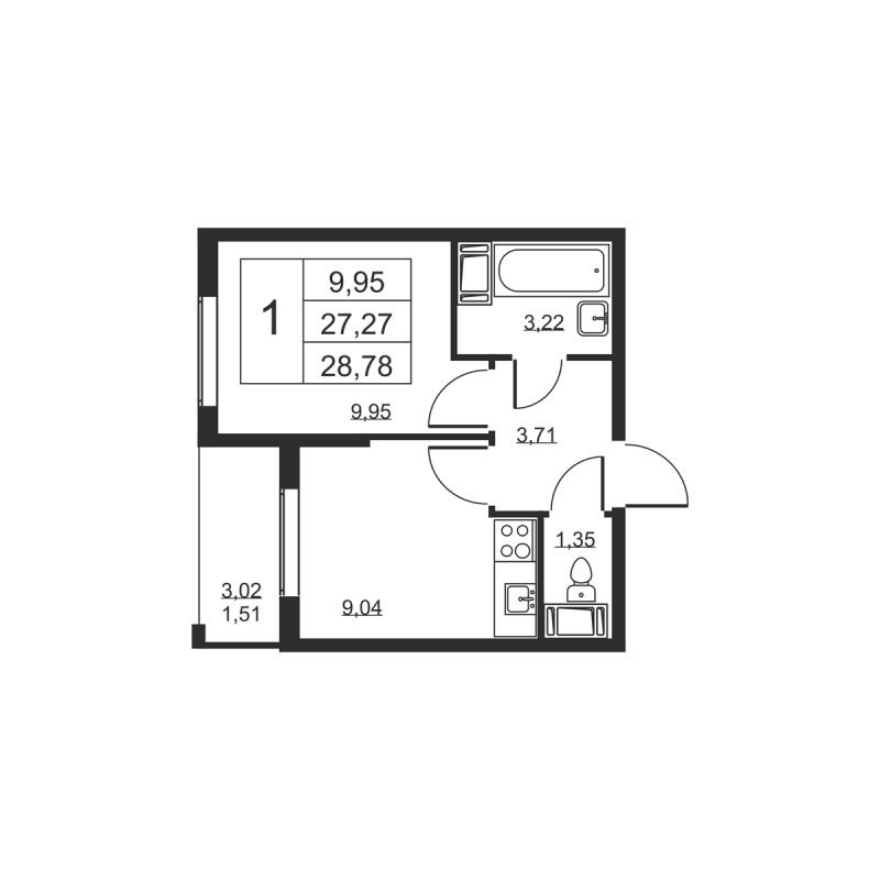 1-комнатная квартира, 28.78 м² - планировка, фото №1