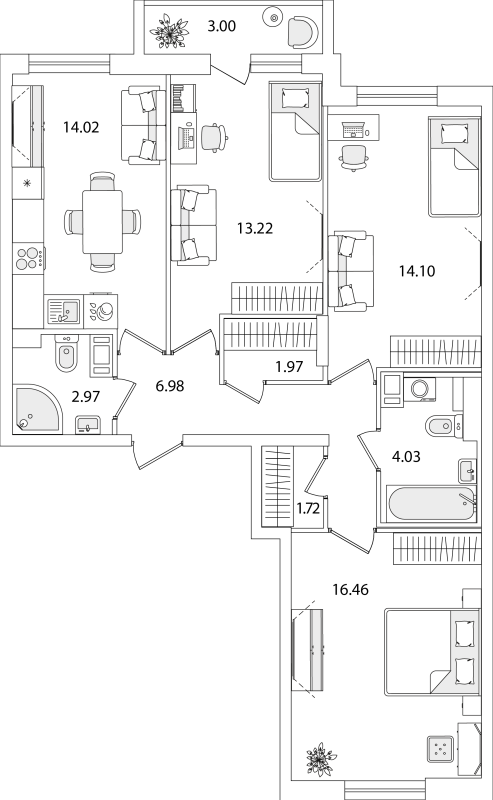 3-комнатная квартира, 76.97 м² - планировка, фото №1