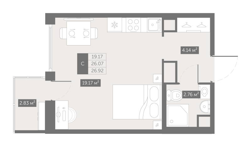 Квартира-студия, 26.92 м² - планировка, фото №1