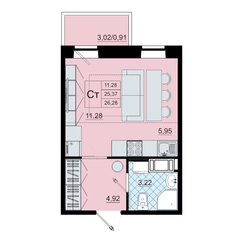 Квартира-студия, 26.3 м² в ЖК "Северный меридиан" - планировка, фото №1
