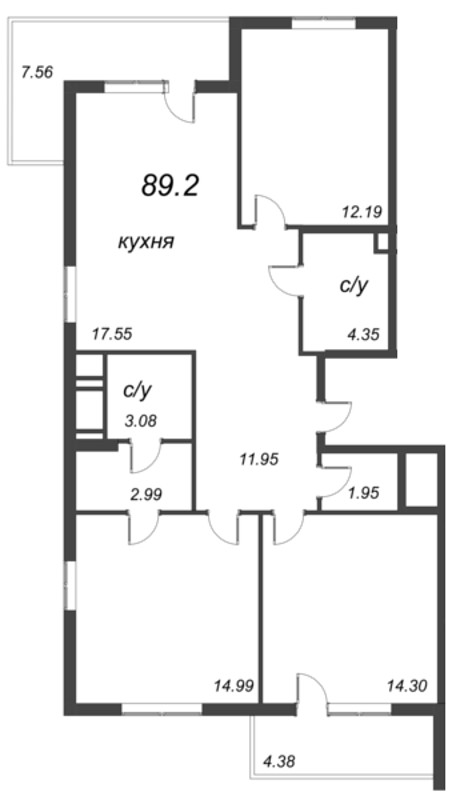 4-комнатная (Евро) квартира, 89.2 м² - планировка, фото №1