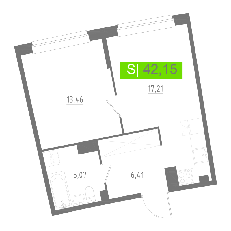 2-комнатная (Евро) квартира, 42.15 м² в ЖК "Аквилон РИВА" - планировка, фото №1