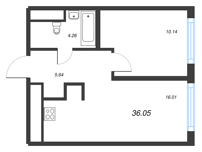 2-комнатная (Евро) квартира, 36.05 м² - планировка, фото №1