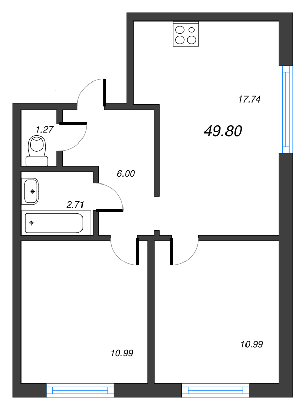 3-комнатная (Евро) квартира, 49.9 м² - планировка, фото №1