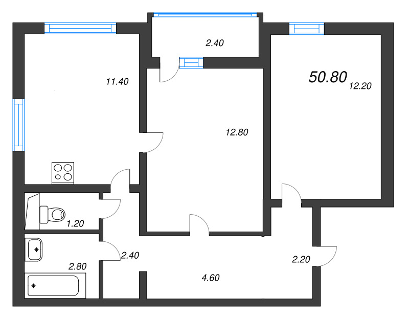2-комнатная квартира, 50.8 м² в ЖК "Цветной город" - планировка, фото №1