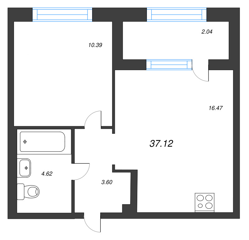 2-комнатная (Евро) квартира, 37.12 м² в ЖК "ORO by Akvilon" - планировка, фото №1