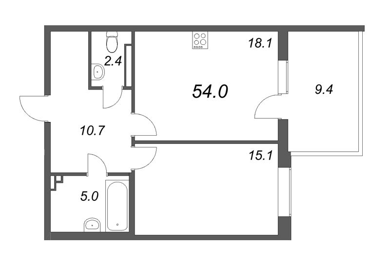 2-комнатная (Евро) квартира, 54 м² - планировка, фото №1