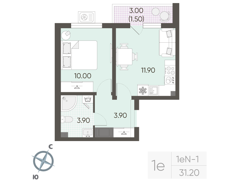 1-комнатная квартира, 31.2 м² в ЖК "Ручьи" - планировка, фото №1
