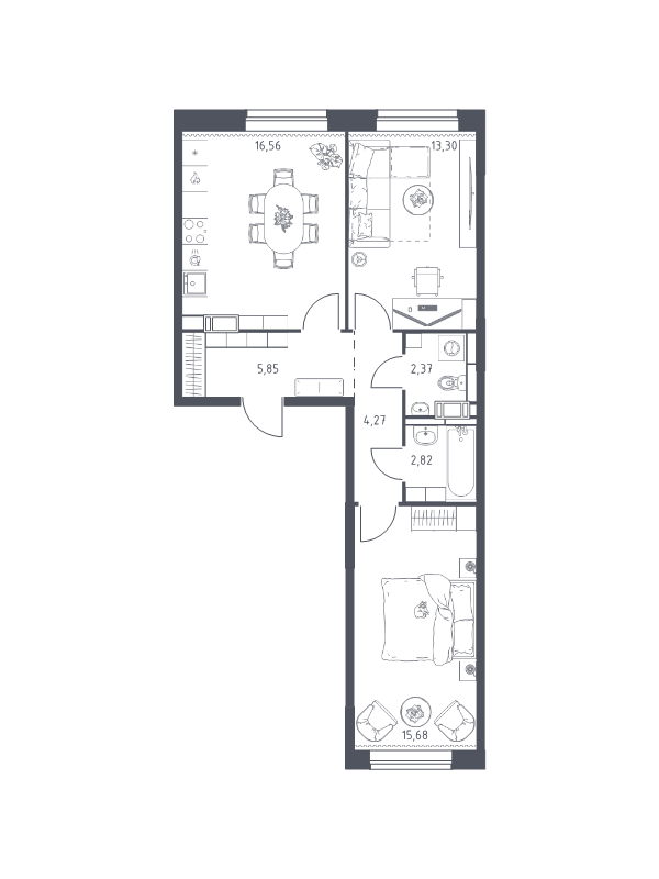 3-комнатная (Евро) квартира, 60.85 м² в ЖК "Живи! В Рыбацком" - планировка, фото №1