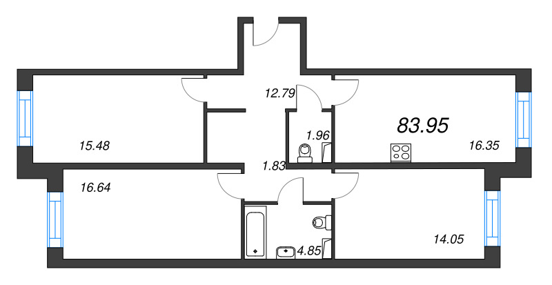 4-комнатная (Евро) квартира, 83.95 м² в ЖК "Остров Первых" - планировка, фото №1