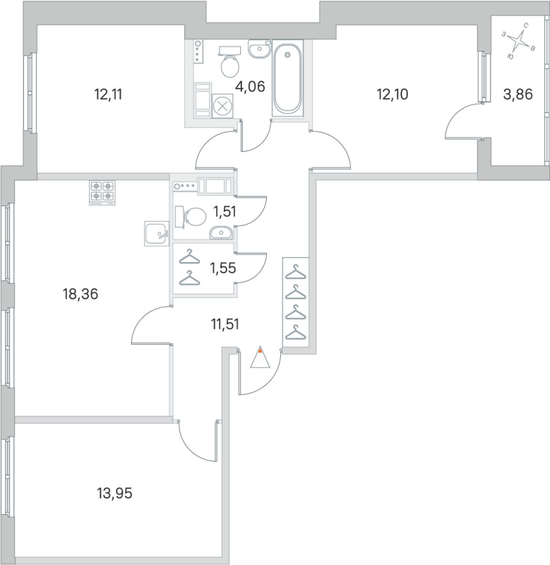 4-комнатная (Евро) квартира, 75.15 м² - планировка, фото №1