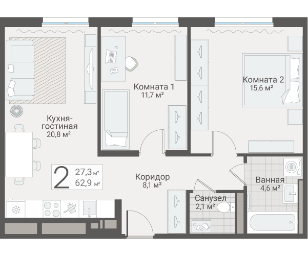 3-комнатная (Евро) квартира, 62.9 м² в ЖК "Руднева 15" - планировка, фото №1