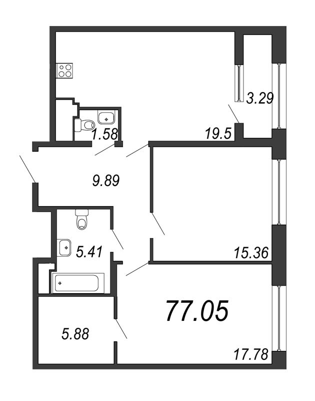 3-комнатная (Евро) квартира, 77.05 м² - планировка, фото №1