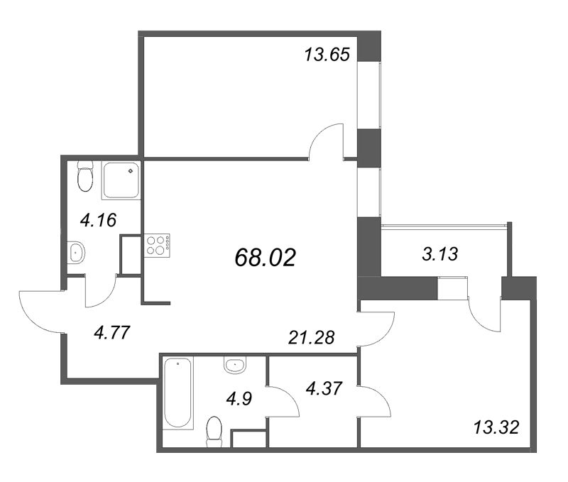 3-комнатная (Евро) квартира, 68.02 м² - планировка, фото №1