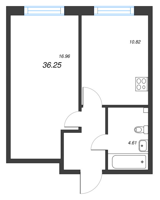 1-комнатная квартира, 36.25 м² - планировка, фото №1