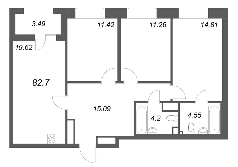 4-комнатная (Евро) квартира, 82.7 м² в ЖК "Аквилон Солар" - планировка, фото №1