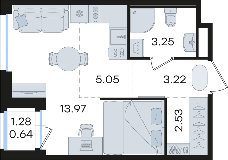 Квартира-студия, 28.66 м² в ЖК "Романовка" - планировка, фото №1