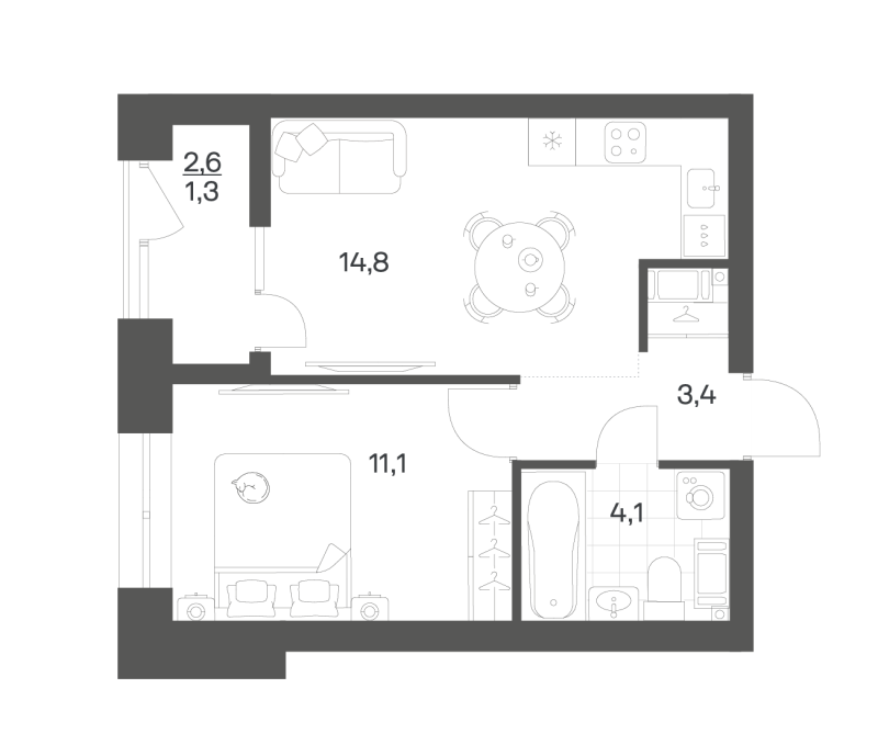 1-комнатная квартира, 34.66 м² в ЖК "Новый Питер" - планировка, фото №1