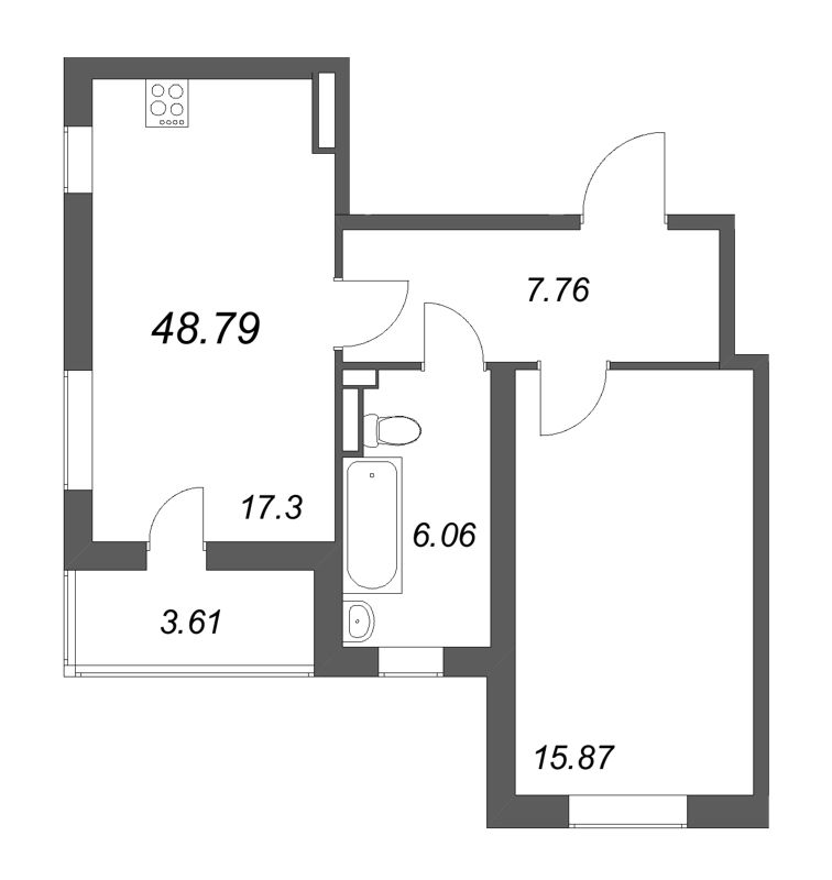 2-комнатная (Евро) квартира, 48.79 м² в ЖК "Новая история" - планировка, фото №1