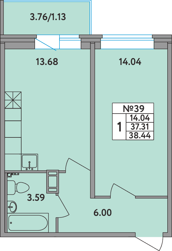 1-комнатная квартира, 38.1 м² в ЖК "Удача (Вита)" - планировка, фото №1