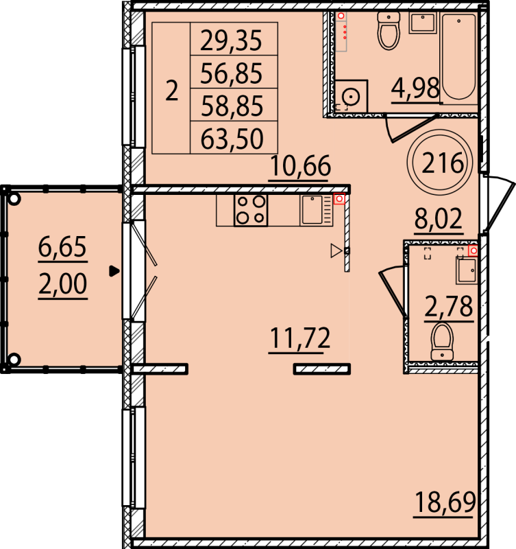 2-комнатная квартира, 56.85 м² - планировка, фото №1