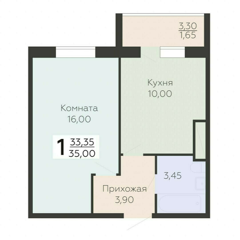 1-комнатная квартира, 35 м² в ЖК "Ленский" - планировка, фото №1