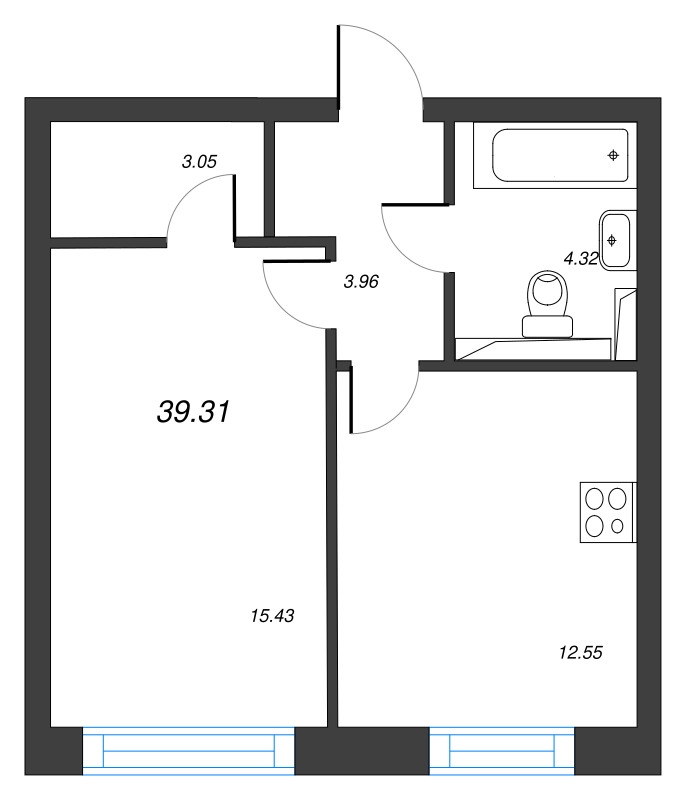 1-комнатная квартира, 39.31 м² в ЖК "Кронфорт. Центральный" - планировка, фото №1