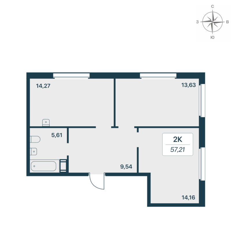 2-комнатная квартира, 57.21 м² в ЖК "Расцветай в Янино" - планировка, фото №1