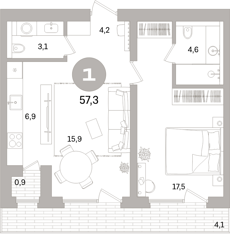 2-комнатная (Евро) квартира, 57.3 м² - планировка, фото №1