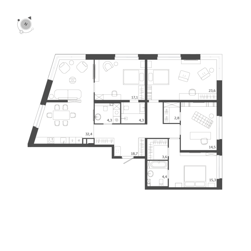 5-комнатная (Евро) квартира, 141 м² в ЖК "ЛДМ" - планировка, фото №1
