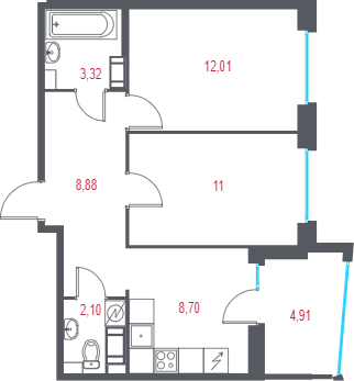 2-комнатная квартира, 48.47 м² в ЖК "Город-спутник Южный" - планировка, фото №1