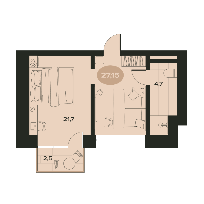2-комнатная квартира, 28.9 м² в ЖК "Место в Смолячково" - планировка, фото №1