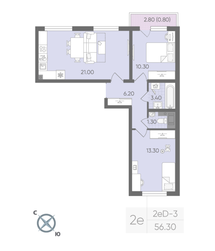 3-комнатная (Евро) квартира, 56.3 м² - планировка, фото №1
