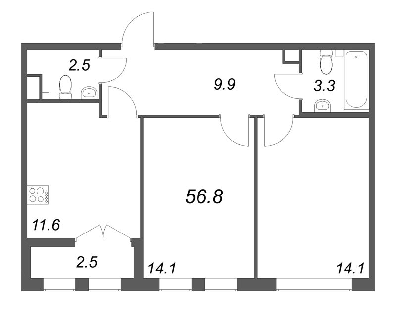 2-комнатная квартира, 56.8 м² в ЖК "Кронунг ЮГ" - планировка, фото №1