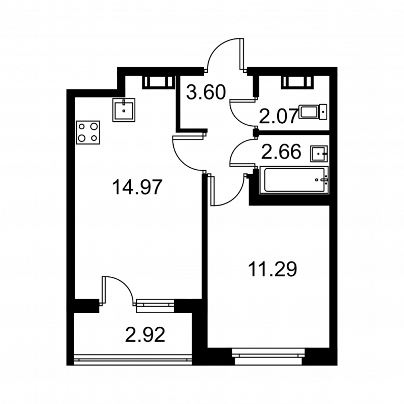 2-комнатная (Евро) квартира, 36.05 м² в ЖК "Квартал Заречье" - планировка, фото №1