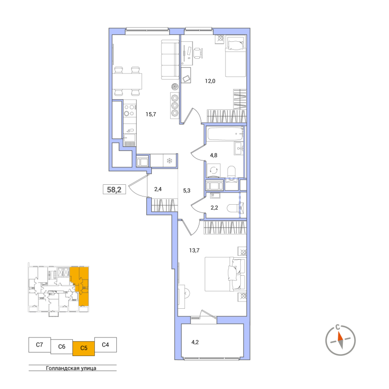 3-комнатная (Евро) квартира, 58.2 м² - планировка, фото №1